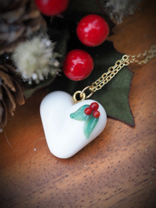 White Holly Heart Necklace