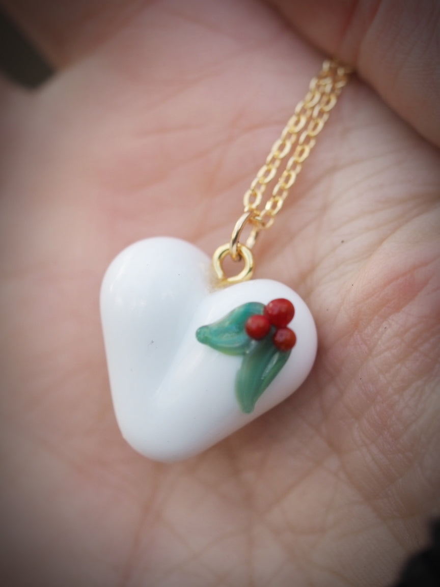 White Holly Heart Necklace