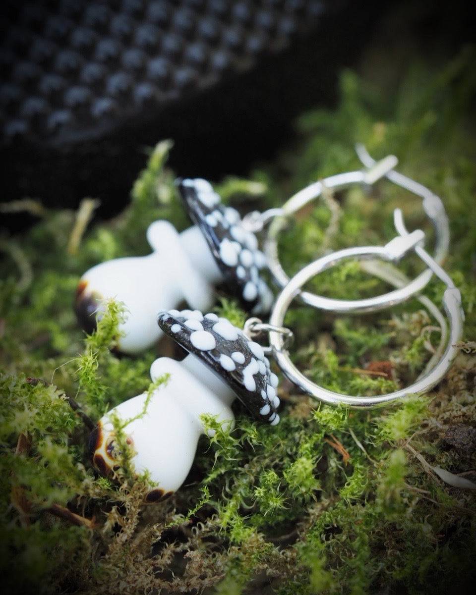 Midnight Veil Amanita Charm Hoops